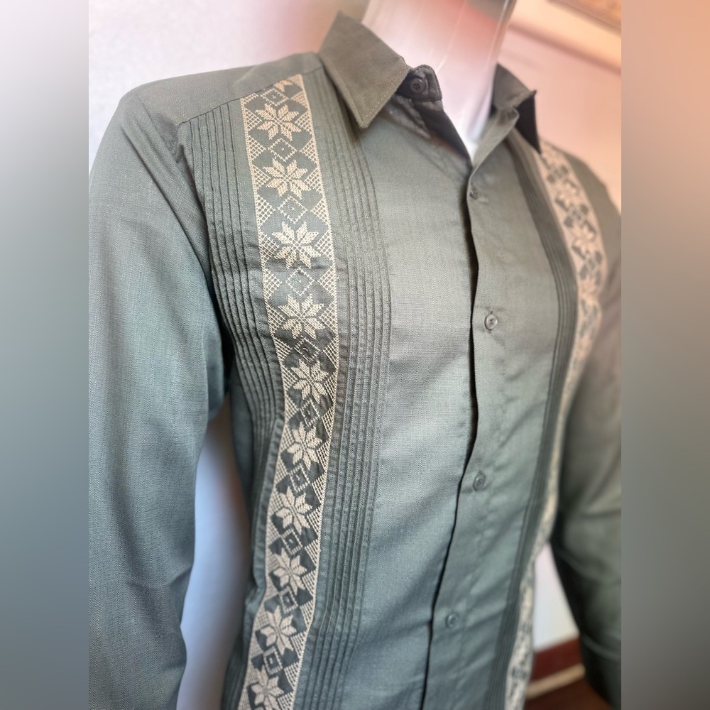 Mens Traditional Mexican Guayabera Shirt Long Sleeve Olive Green - Handcrafted